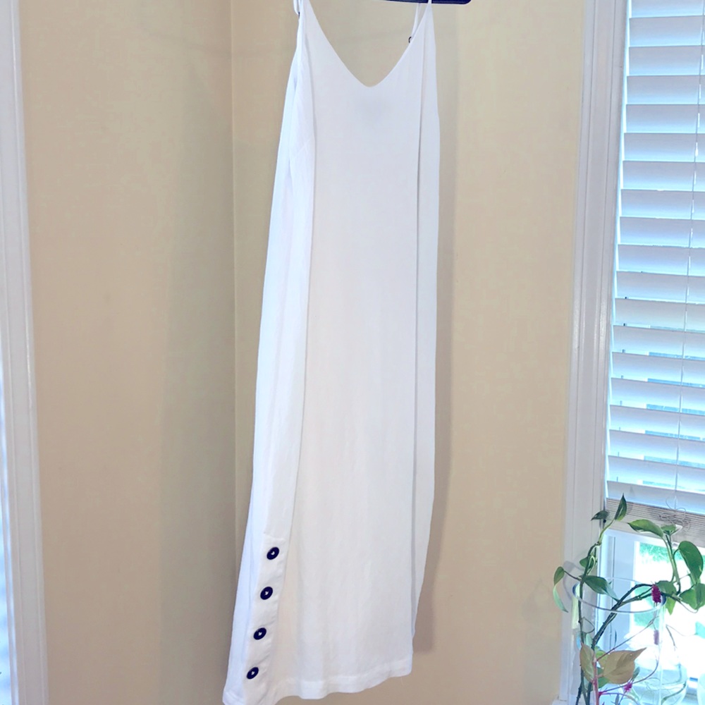 white dress with button detail